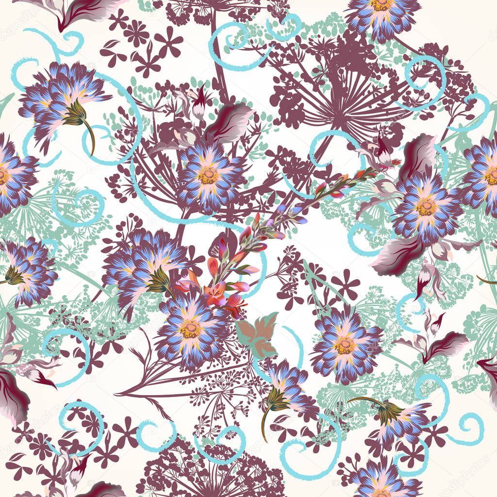 Floral wallpaper pattern with blue flowers and plants