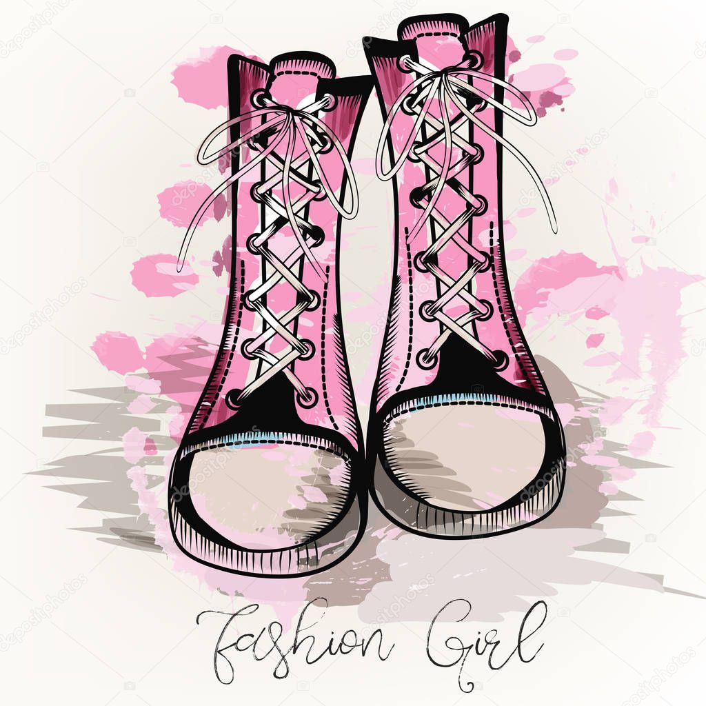 Fashion illustration with pink sneakers and ink spots. Outfit