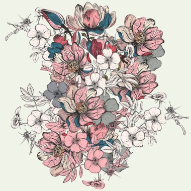 El illüstrasyon çiçekli vintage tarzı çekilmiş.