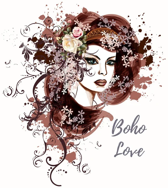 Ilustracja moda z młodą kobietę szkicu w stylu boho — Wektor stockowy