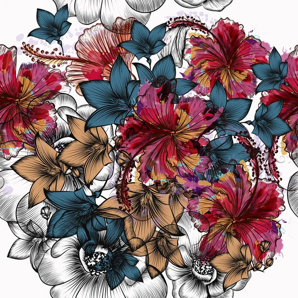 美丽的热带刻的手绘花中的复古风格 — 图库矢量图片