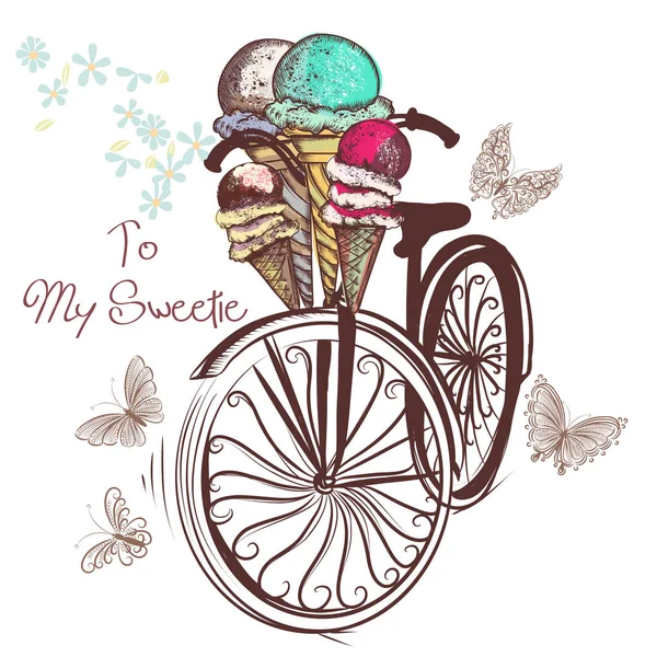 Bicicleta con cesta llena de helado y mariposas a su alrededor — Vector de stock