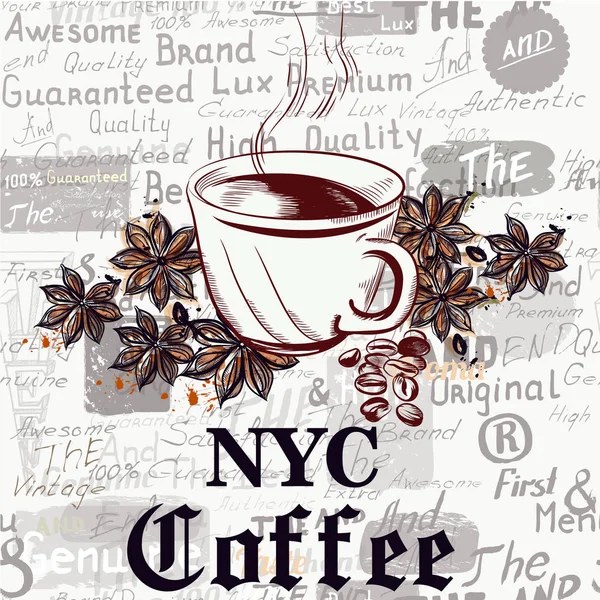 Фон векторного кофейного плаката с выгравированными чашками кофе, зерном — стоковый вектор