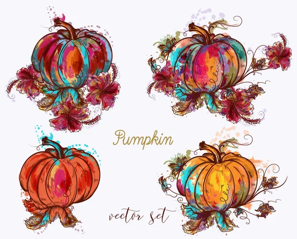 Collezione di zucca disegnata a mano in stile acquerello colorato — Vettoriale Stock