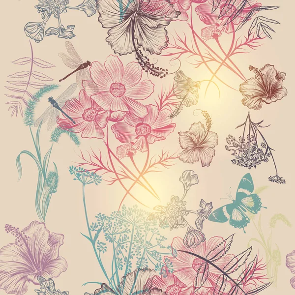 Sfondo vettoriale floreale con fiori incisi ibisco, drago — Vettoriale Stock