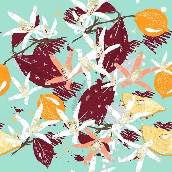 Citroen takken patroon, rustieke illustratie met bloeiende citrus — Stockvector