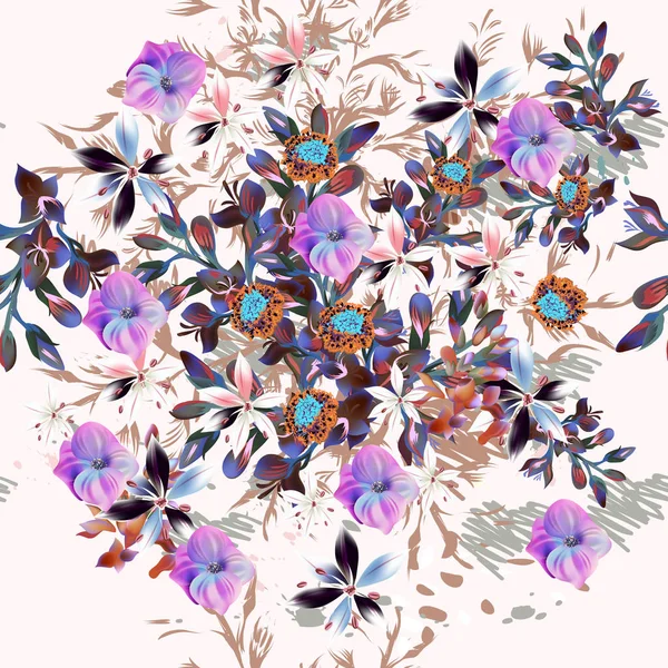 Schöne Musterillustration mit blühenden lila Blumen — Stockvektor