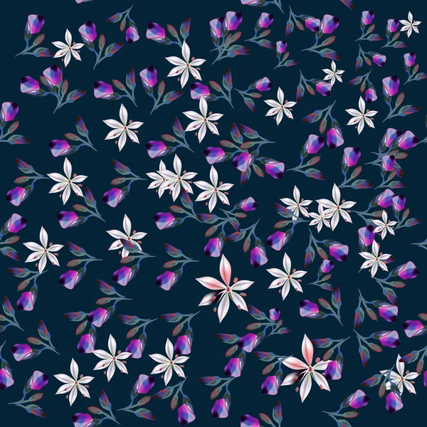 Niedliche Musterillustration mit lila Blüten im Vintage-Stil — Stockvektor
