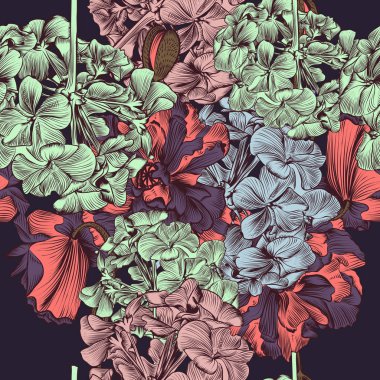 Vintage tarzı çizilmiş haşhaş çiçeklerle güzel illüstrasyon