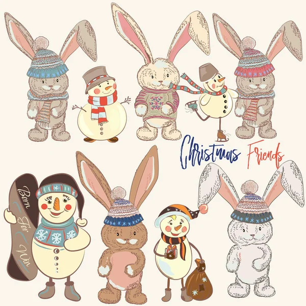 Grande collection de Noël de bonhommes de neige et de lapins mignons — Image vectorielle