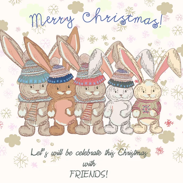 Biglietto di Natale carino con simpatici amici lepre o conigli e neve — Vettoriale Stock