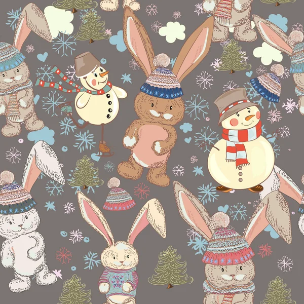 Natal padrão bonito com lebre bonita ou coelhos, bonecos de neve e — Vetor de Stock