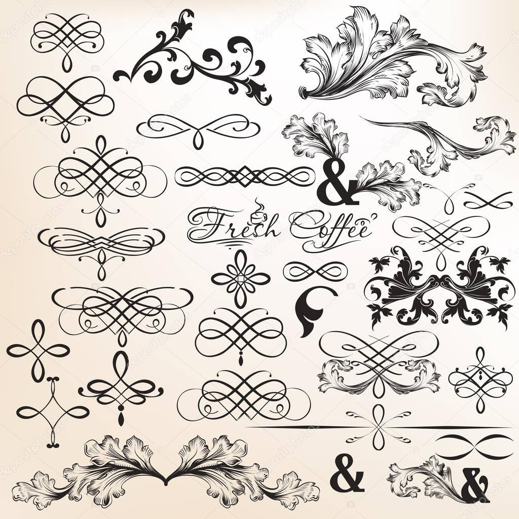 Collection of calligraphic vector decorative elements in vintage