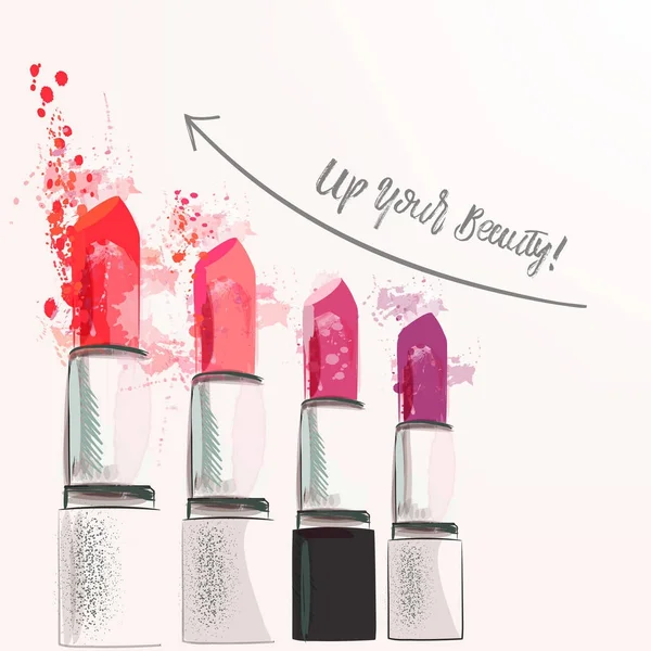 Illustration affiche de mode avec ensemble de rouge à lèvres rose de l'encre s — Image vectorielle