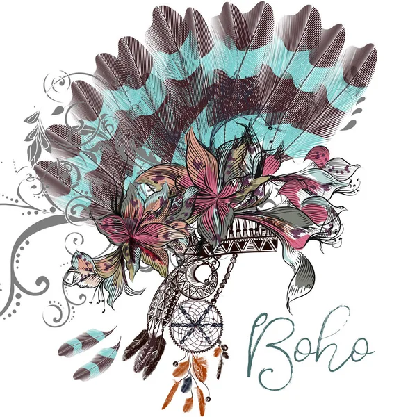 Arte boho fundo com flores e penas —  Vetores de Stock