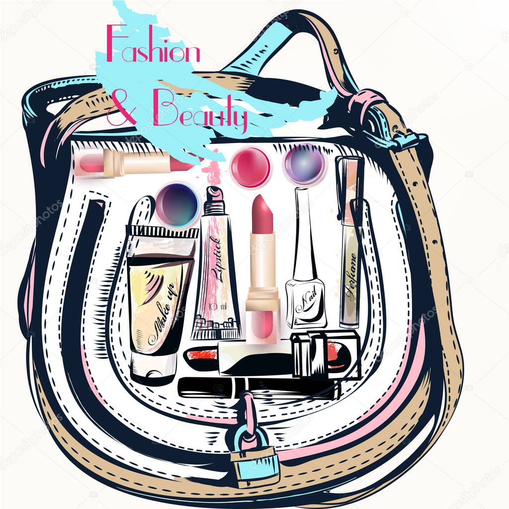 Fashion vector  with hand drawn female bag and cosmetics lipstic