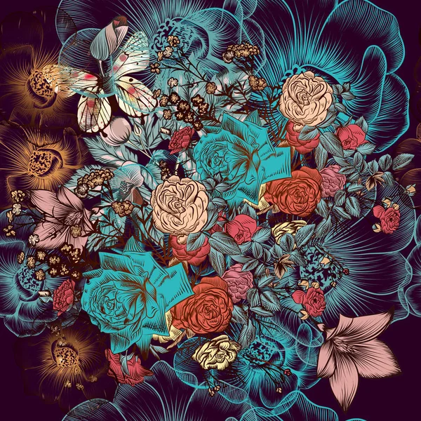 Beau motif avec des fleurs dessinées à la main dans un style vintage — Image vectorielle