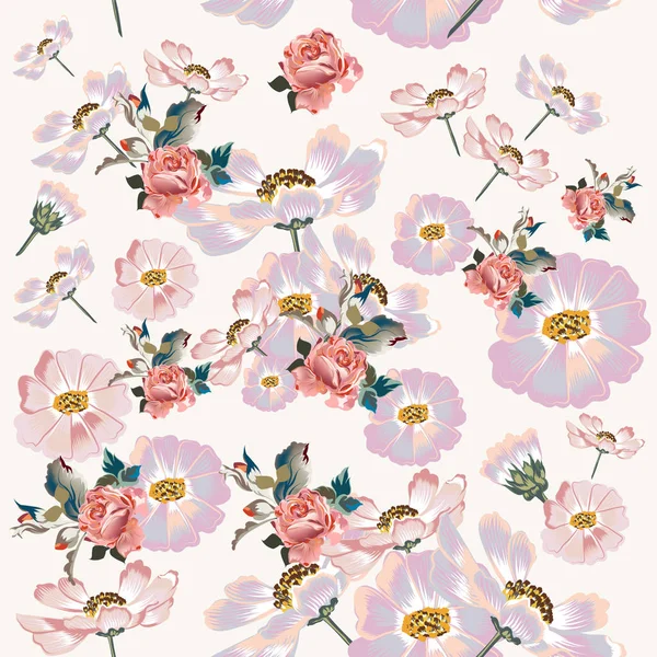 青色とピンク色のコスモスの花の美しい壁紙パターン、 — ストックベクタ