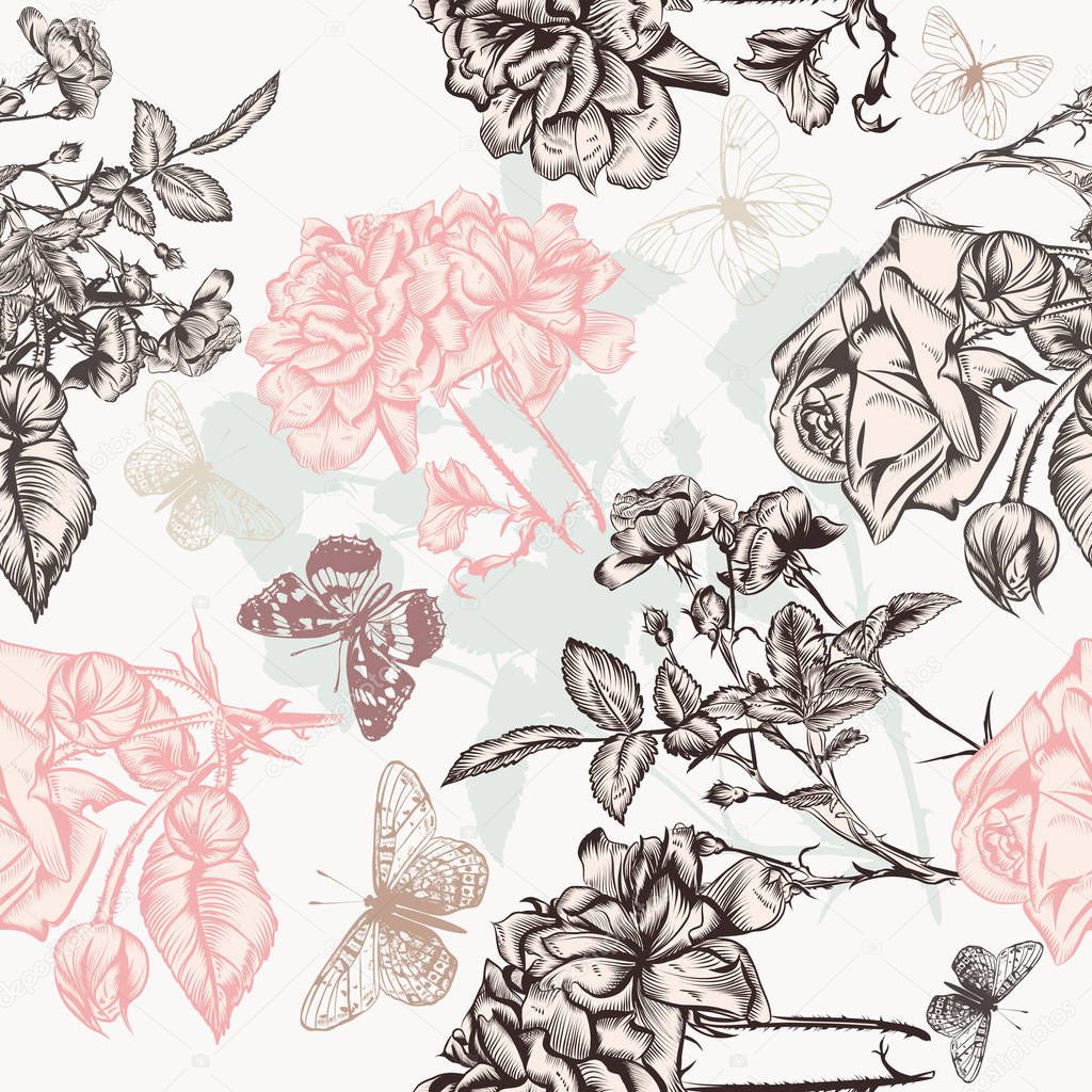 Beautiful wallpaper pattern with engraved roses and butterflies