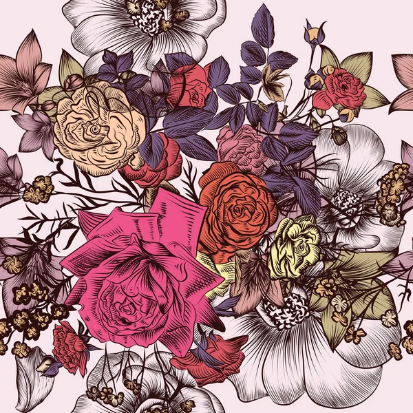 Modello floreale con fiori disegnati a mano incisi in stile vintage — Vettoriale Stock