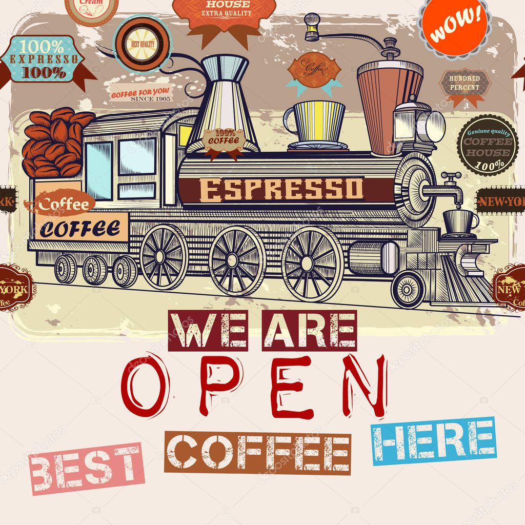 Retro styled menu or poster  with vector coffee, train and badge