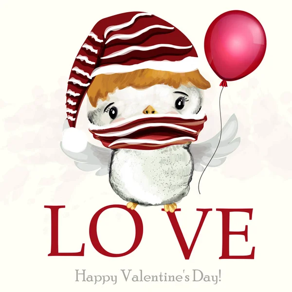 Krásná roztomilá Valentýna blahopřání s roztomilý ptáček držet — Stockový vektor