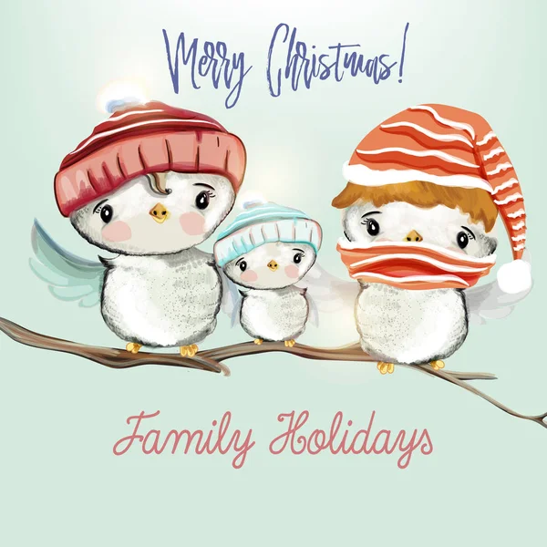 Ilustración de felicitación de Navidad con aves lindas vector. Familia h — Vector de stock