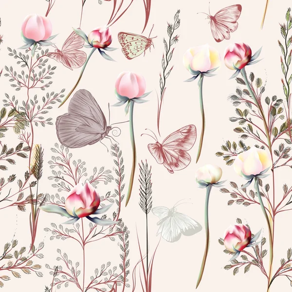 植物と花のベクトル パターン ビンテージ プロバンス スタイル — ストックベクタ