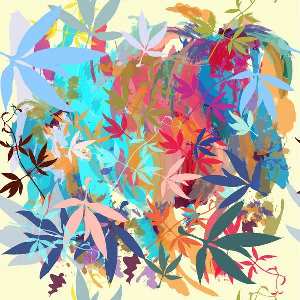 Beau motif avec des taches colorées et des feuilles en co aquarelle — Image vectorielle