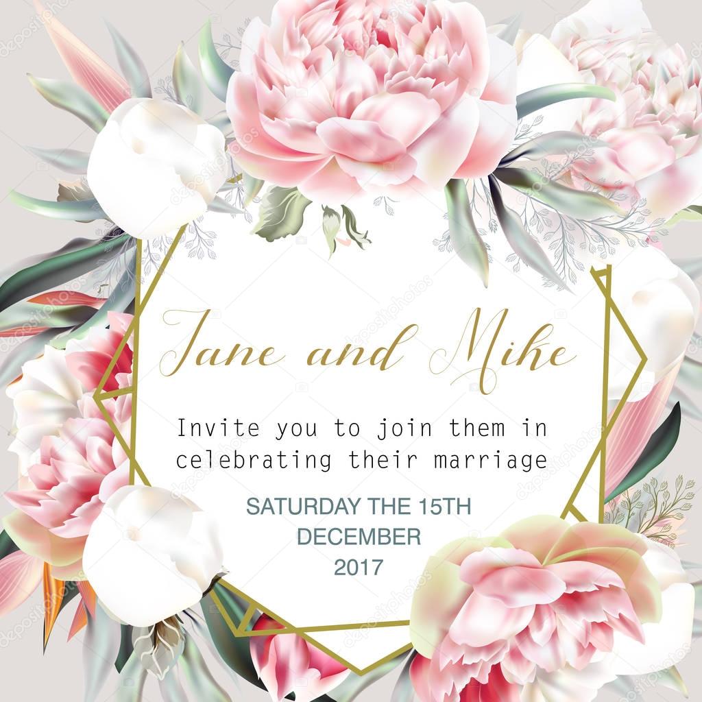 Beautiful wedding invitation card or save the date with peach pe