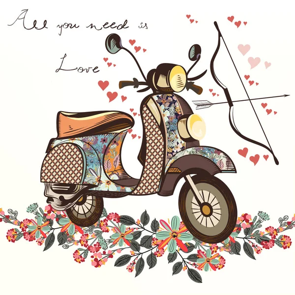 Linda bicicleta dibujada a mano falsa con ramo de flores de primavera. Valentín. — Vector de stock