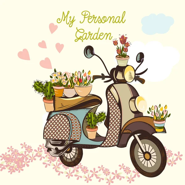 Lindo jardín de moda ilustración con bicicleta, flores y corazones — Vector de stock