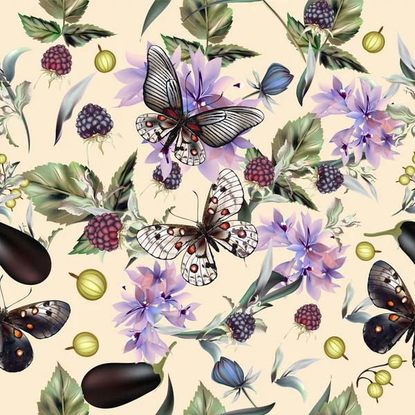 Patrón de vector de moda con mariposas y flores dibujadas a mano — Vector de stock
