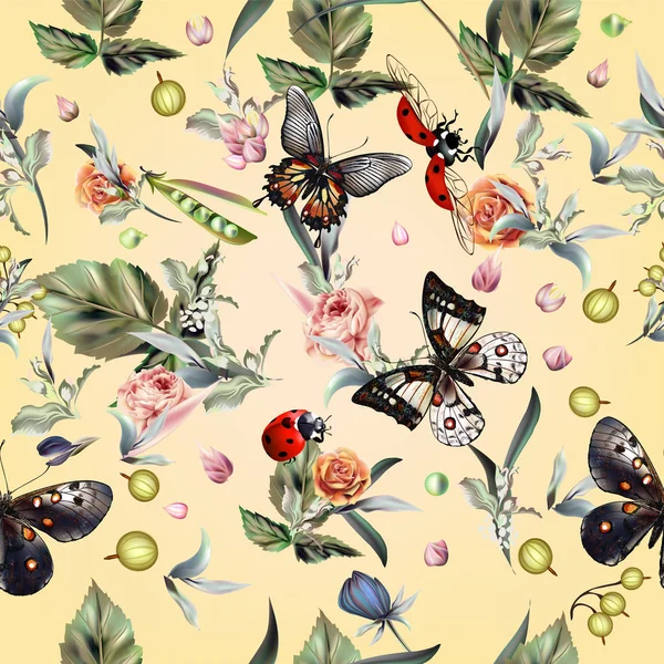 Patrón de verano vector de moda con mariposas dibujadas a mano y fl — Archivo Imágenes Vectoriales