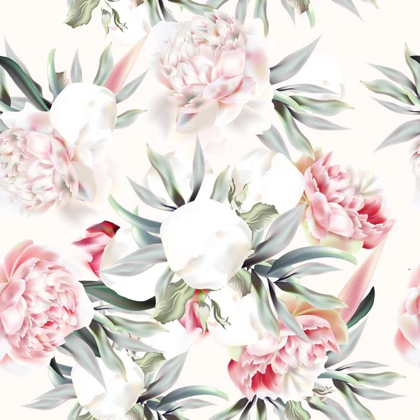 Modèle vectoriel vintage avec pivoine pêche, feuilles et plan tropical — Image vectorielle