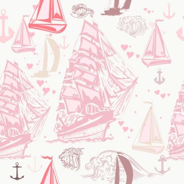 Pembe gemi ve kalpler olan vektör desen. Ocean Tatil