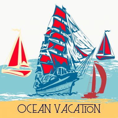Vektör yaz poster çizim ile gemi. Ocean Tatil