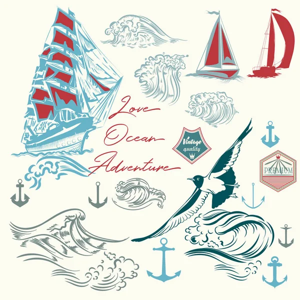 Collection d'éléments vectoriels de la mer sur le thème des vacances océaniques marines — Image vectorielle