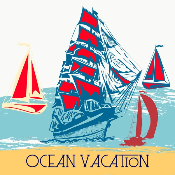 Vektor Sommer Plakatillustration mit Schiffen. Urlaub am Meer — Stockvektor