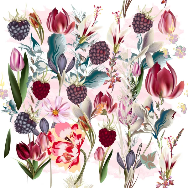 春の花で美しいフローラル パターン — ストックベクタ