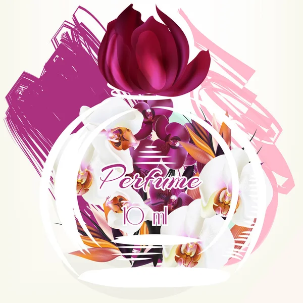 Εικονογράφηση μόδας με μπουκάλι άρωμα και orchid λουλούδια — Διανυσματικό Αρχείο