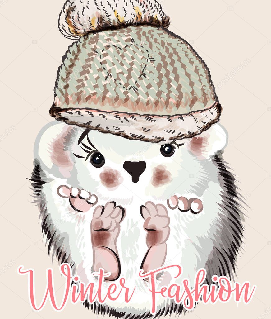 Fashion illustration with baby hedgehog in hat