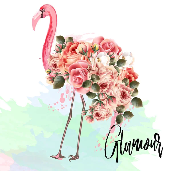 Mooie mode vectorillustratie met roze flamingo en ros — Stockvector