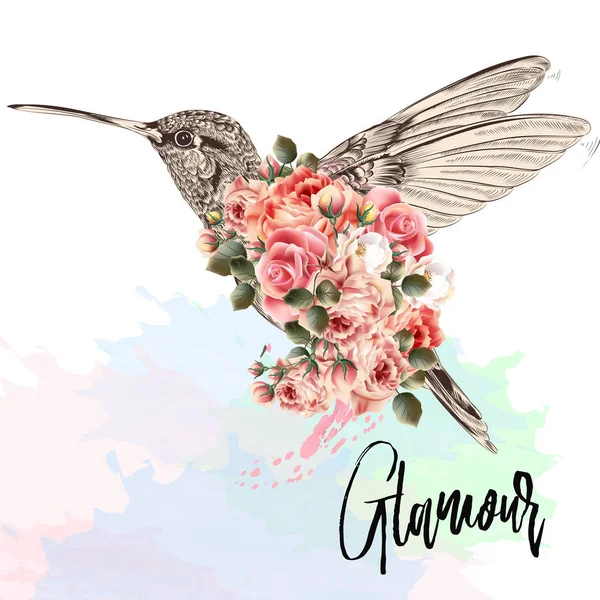 Vackra mode vektorillustration med rosa hummingbird och — Stock vektor