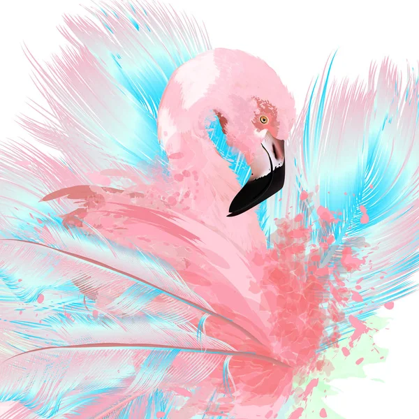 Gambar vektor yang indah dengan gambar flamingo merah muda dan biru - Stok Vektor