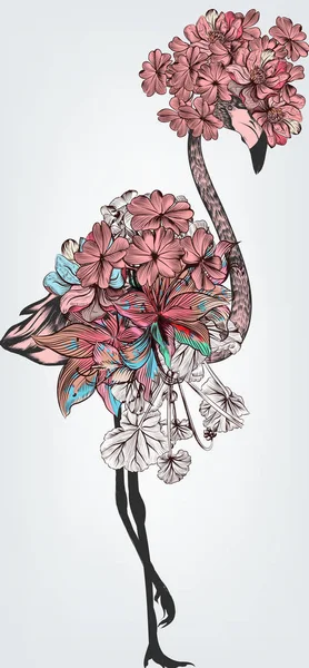 Ilustracja moda z ręcznie rysowane flamingo i wektor kwiaty — Wektor stockowy