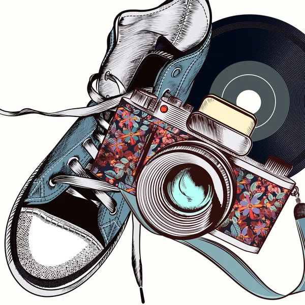 Εικονογράφηση μόδας με κάμερα και hipster πάνινα παπούτσια — Διανυσματικό Αρχείο