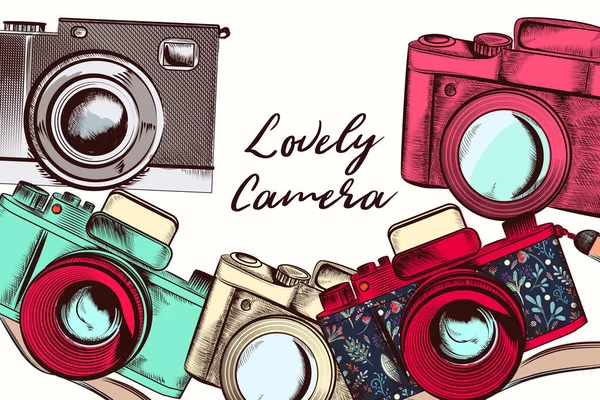 Ilustración de moda con cámaras en estilo hipster colorido — Archivo Imágenes Vectoriales