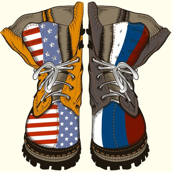 Иллюстрация моды с военными сапогами с флагом США и России — стоковый вектор