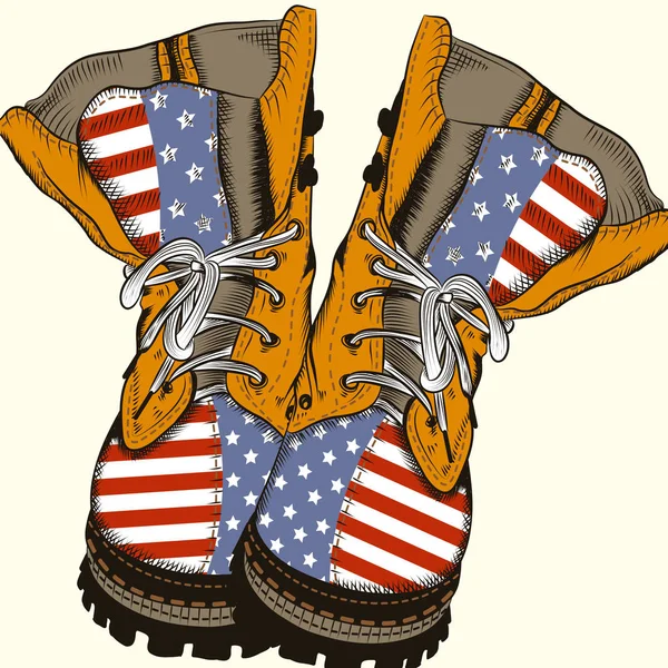 Иллюстрация моды с военными сапогами с флагом США — стоковый вектор